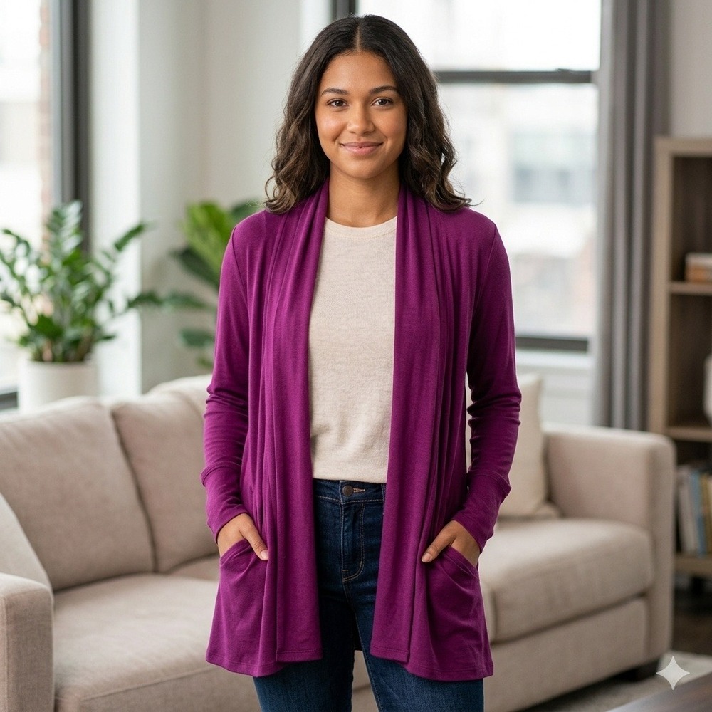 Athleta Cardigan Women L Purple Jewel Tone Open Front Shawl Collar Pockets